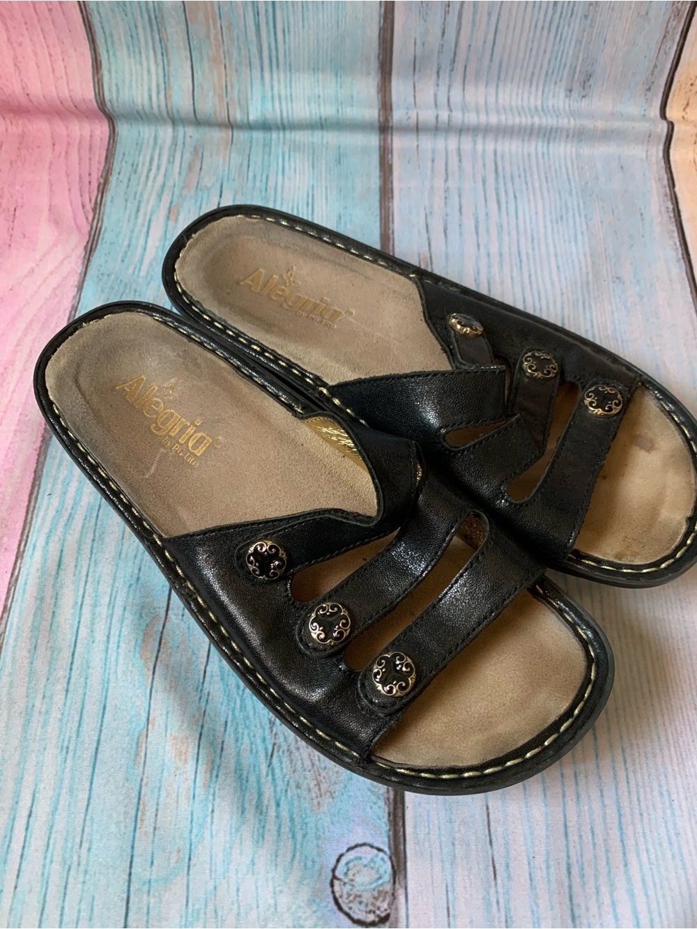 Alegria Black Women's Slide Sandals with Decorative Buttons - Picture 10 of 10